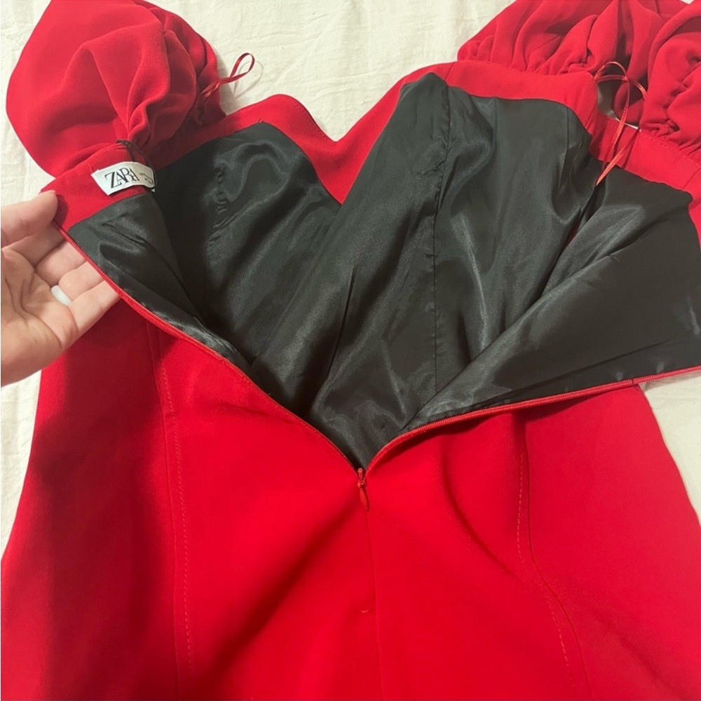 Zara Sweetheart Off the Shoulder Puff Sleeve Red Valentine’s Day Mini Dress M - Picture 13 of 14